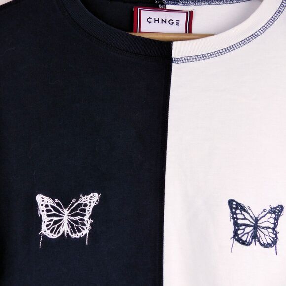 CHNGE T-Shirt Women S Black Ivory Split Butterfly Crop Boxy Two-Tone Sustainable - Picture 5 of 11